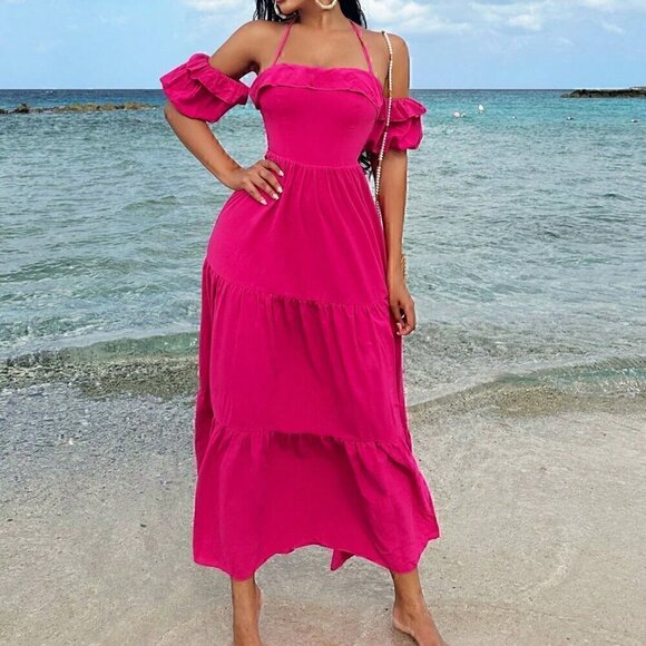 Pink Boho Women's Off-Shoulder Halter Belted Dress - Picture 3 of 5